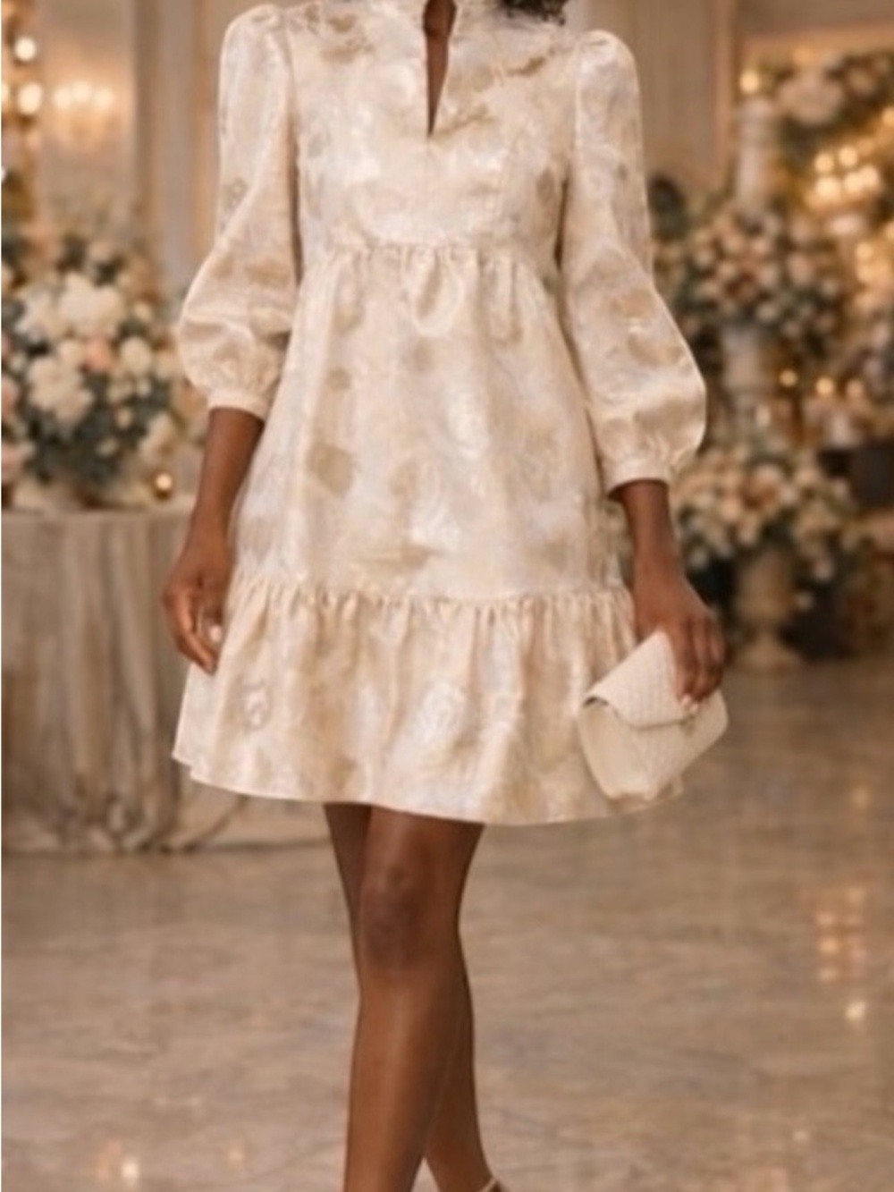 Tuckernuck Cream Floral Jacquard Puff-Sleeve Mini Dress